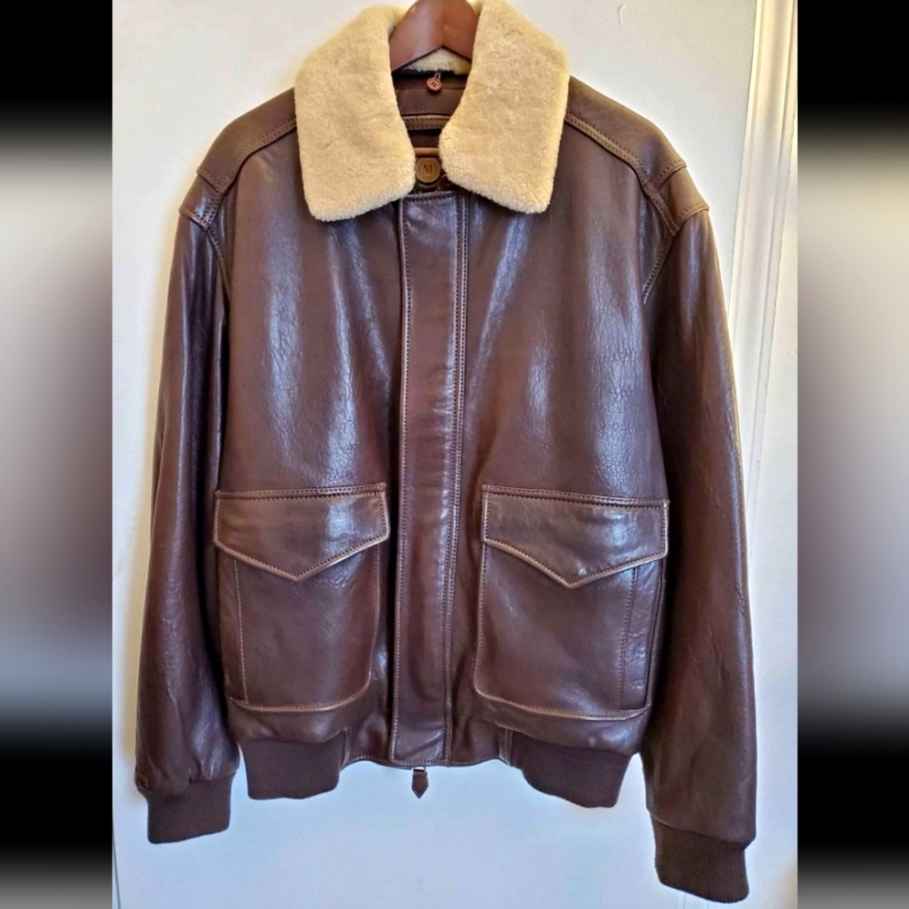 Andrew Marc Bomber  Aviator Flight  Leather Jacket Shearling Removable Collar